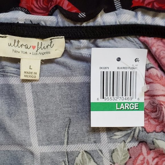 Ultra Flirt Black Gray Red Green Floral Grid Soft Off/On Shoulder Top L (Jun) - Picture 10 of 11